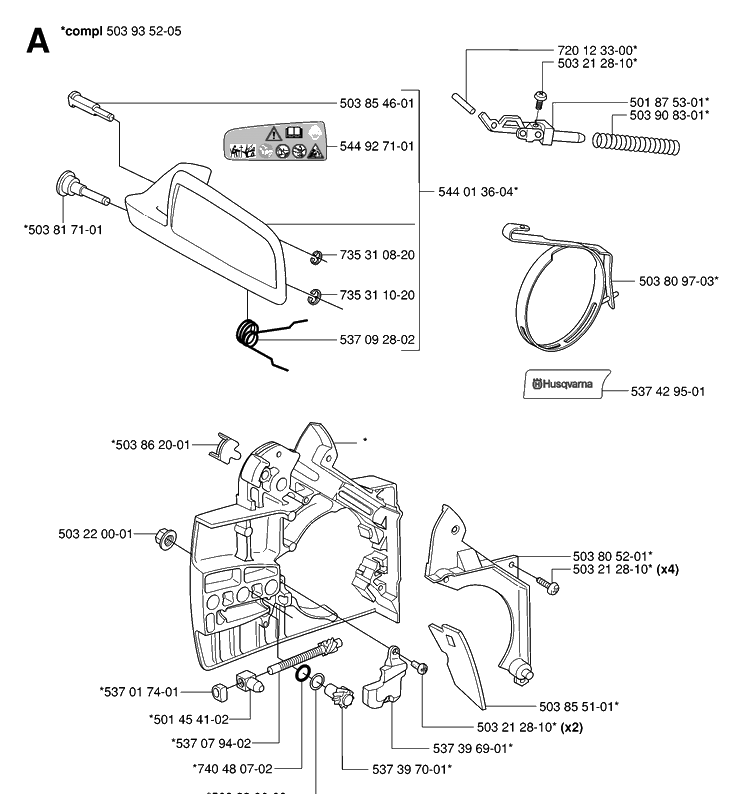 Chain Brake And Clutch Cover Diagram and Parts List for 338XPT 20063600001-20100600000 Husqvarna Chainsaw