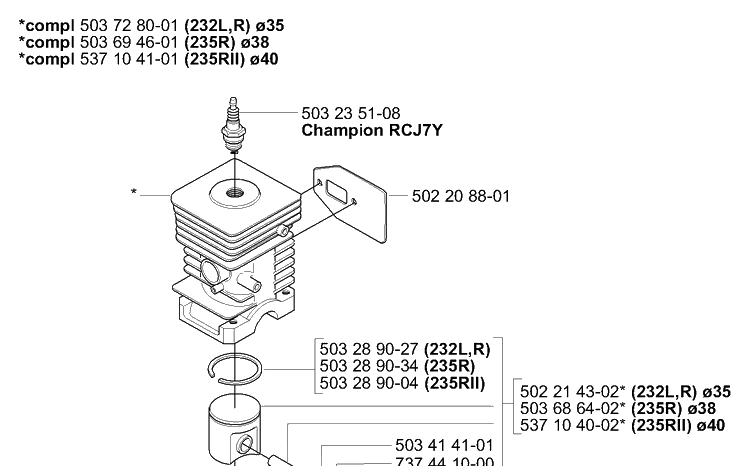 Piston/Cylinder Diagram and Parts List for 232L 2006-04 Husqvarna Trimmer