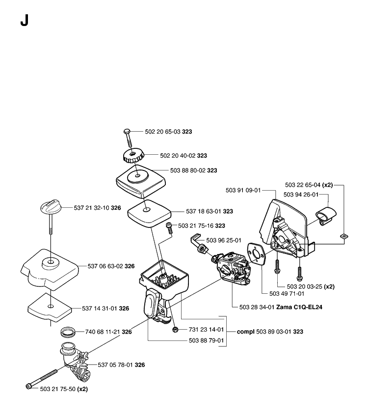 Carburetor And Air Filter Diagram and Parts List for 323R 20070100001-20144900000 Husqvarna Brush Cutter