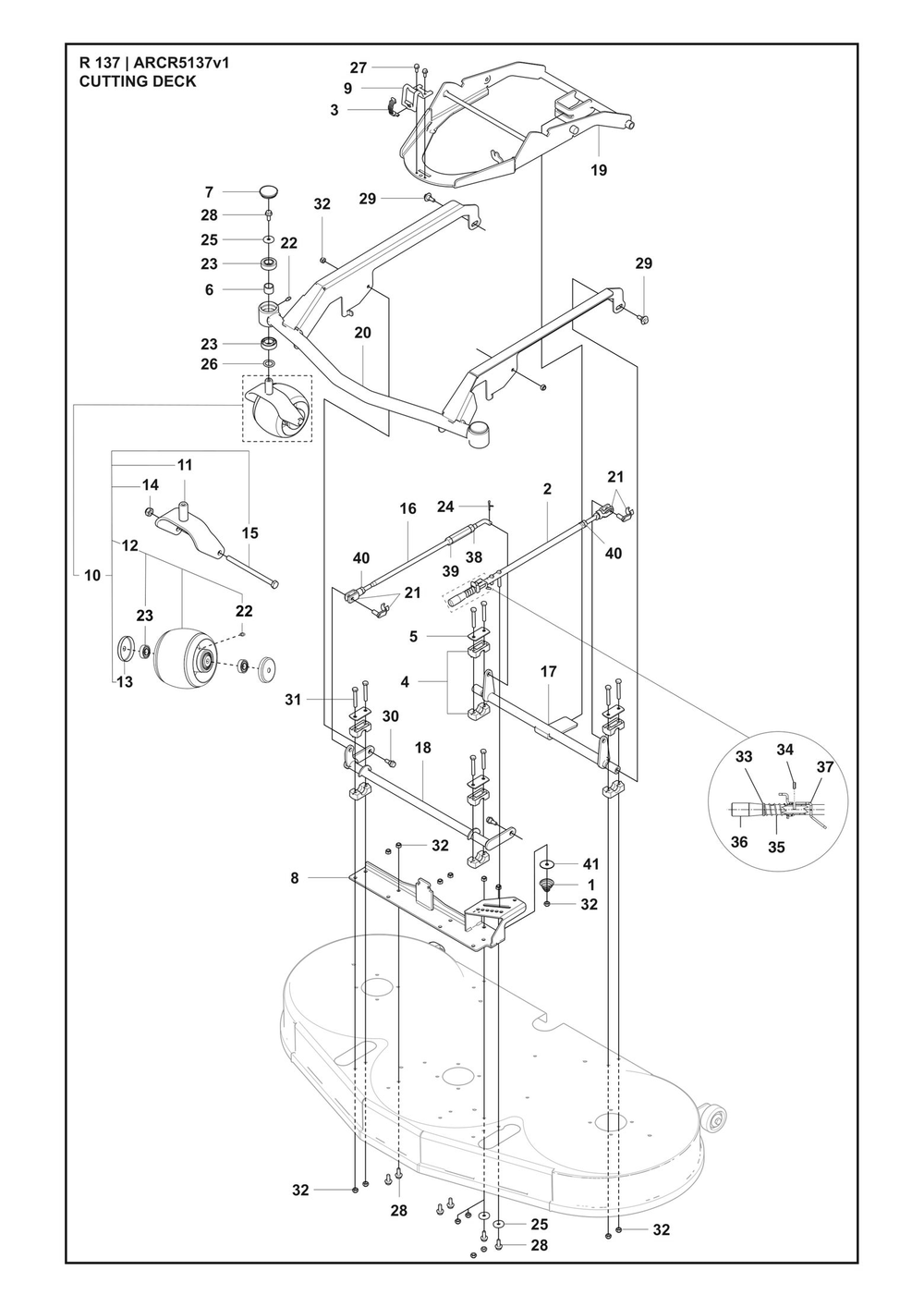 Mower Deck / Cutting Deck Diagram and Parts List for R137 ARCR5137v1 Husqvarna Lawn Tractor Accessories