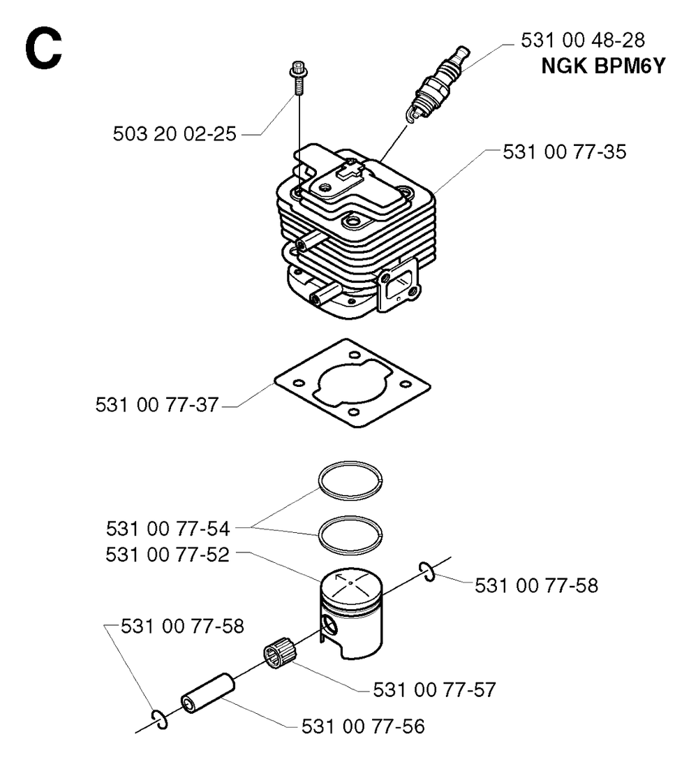 Cylinder Piston Diagram and Parts List for 142R 20001900001 & Above Husqvarna Trimmer