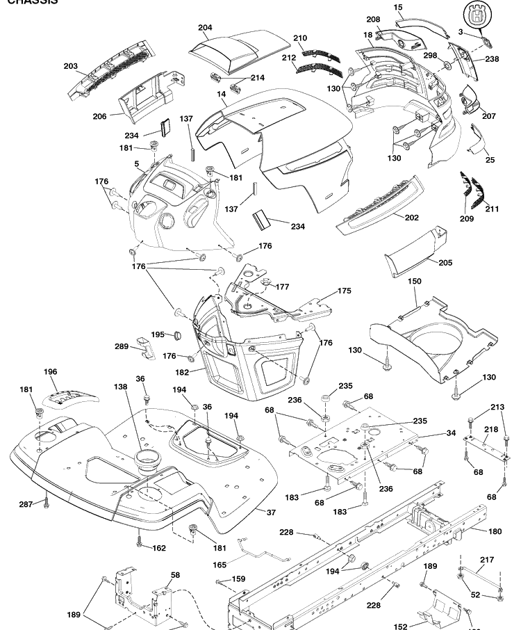 Chassis Diagram and Parts List for YTH2042 (96043010601)(2010-02) Husqvarna Lawn Mower