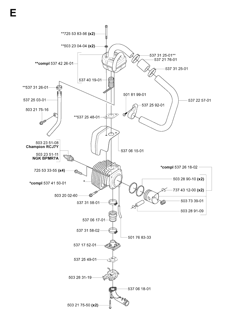 Cylinder, Piston And Muffler Diagram and Parts List for 356BF 20044000001-20144899999 Husqvarna Leaf Blower / Vacuum