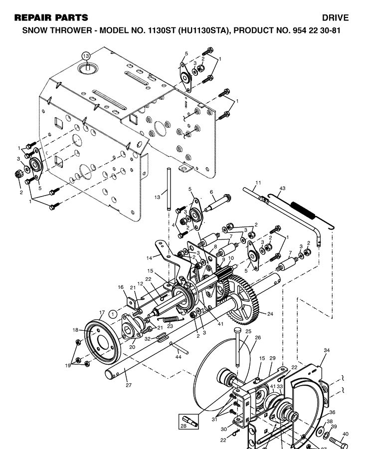 Drive Diagram and Parts List for 1130ST (HU1130STA)(2002-09) Husqvarna Snow Blower