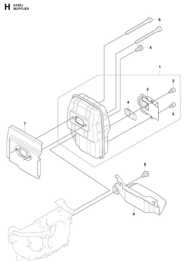 Muffler Diagram and Parts List for 243RJ 20090900001-20113200000 Husqvarna Brush Cutter
