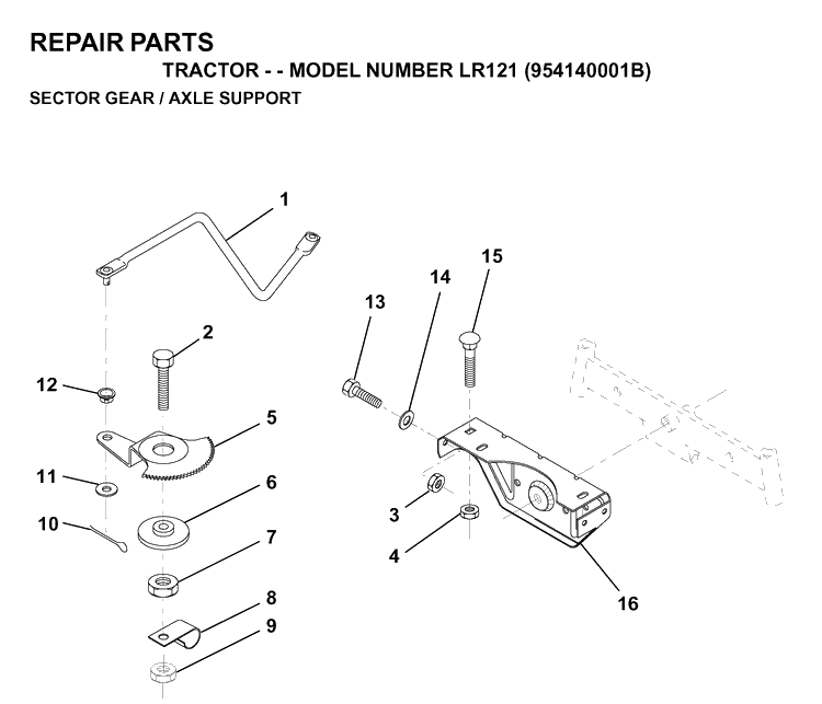 Sector Gear / Axle Support Diagram and Parts List for LR121 (954140001B)(1997-01) Husqvarna Lawn Tractor