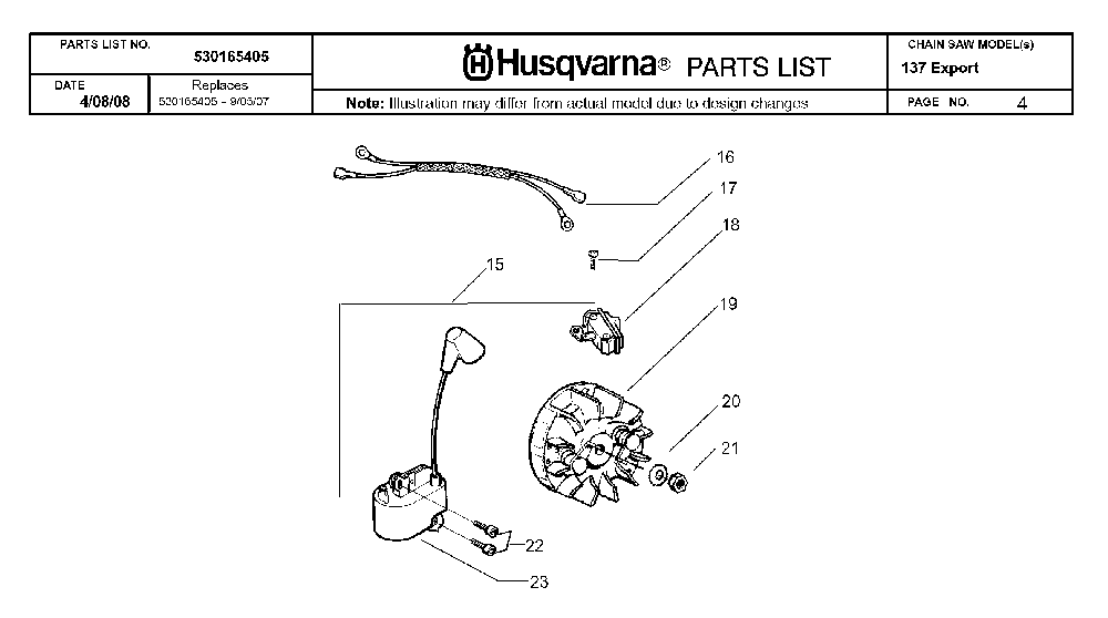Ignition System Diagram and Parts List for 137 20082200001 Husqvarna Chainsaw