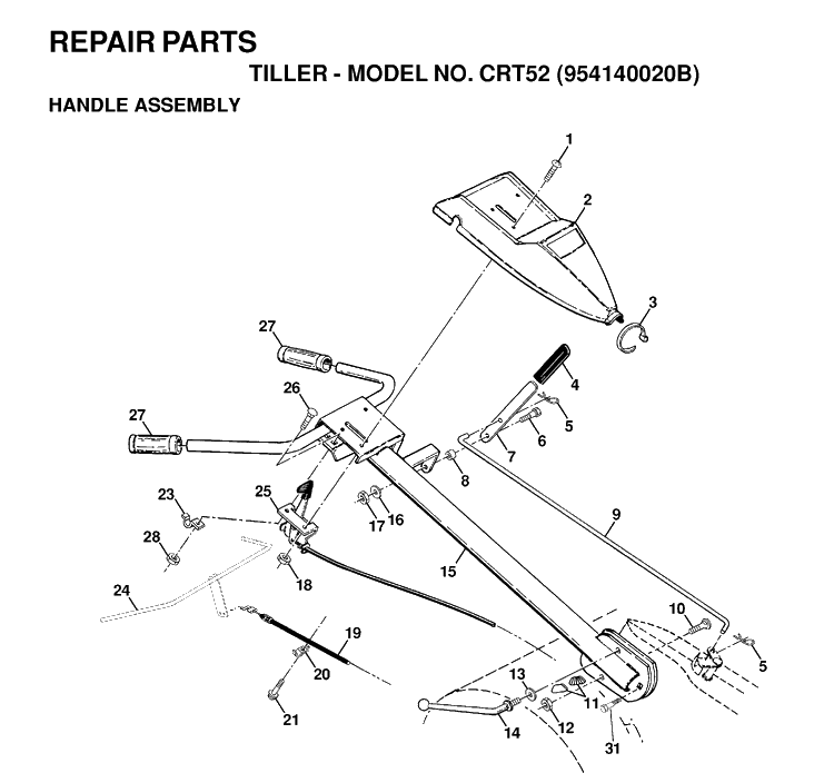 Handle And Controls Diagram and Parts List for CRT52 (954140020B)(1998-01) Husqvarna Cultivator