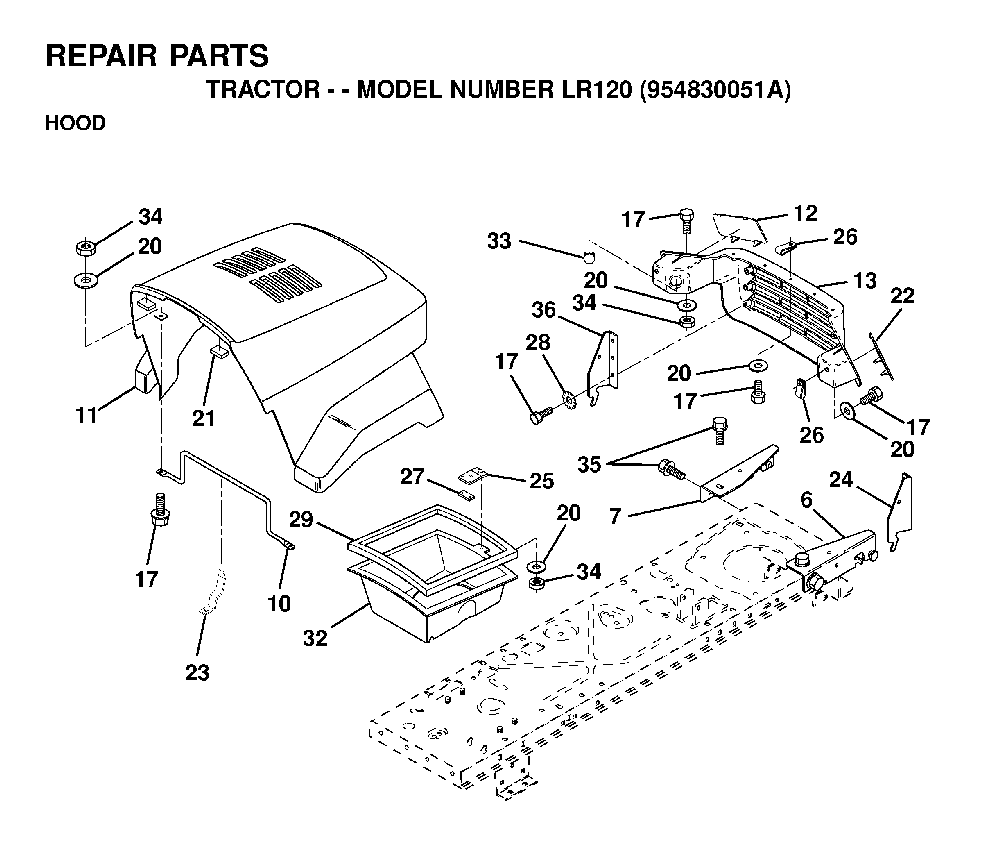 Hood Diagram and Parts List for LR120 (954830051A)(1995-08) Husqvarna Lawn Tractor