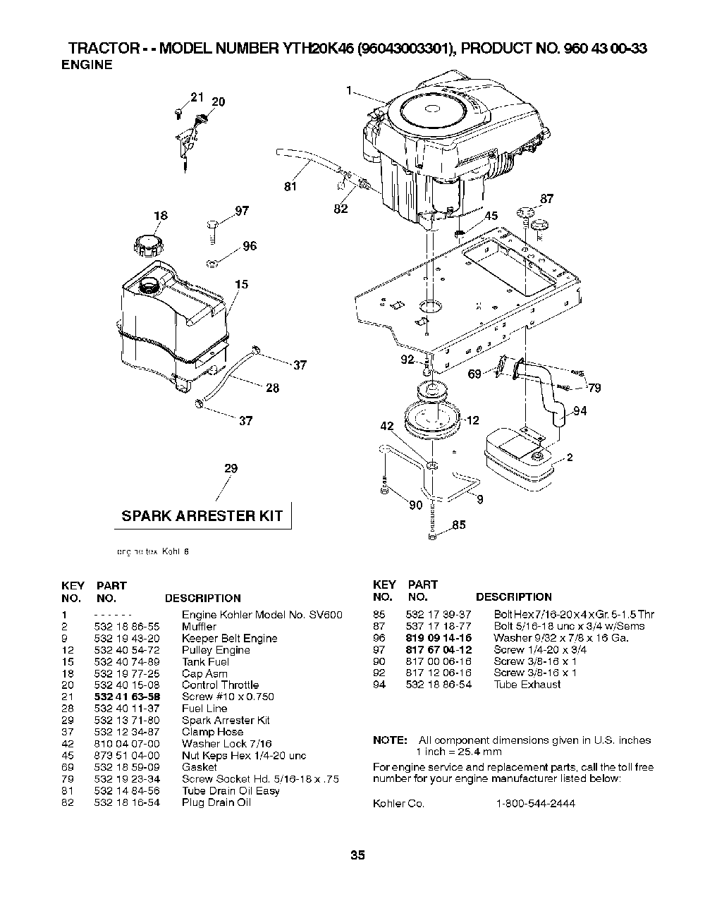 Engine Diagram and Parts List for YTH20K4696043003301 2008-01 Husqvarna Lawn Tractor