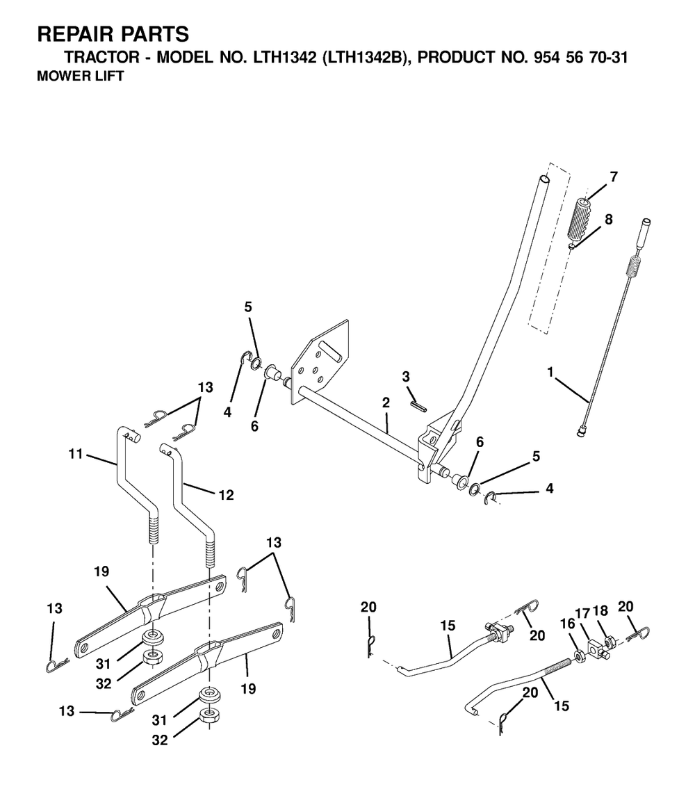 Mower Lift / Deck Lift Diagram and Parts List for LTH1342 (954567031-B)(2000-12) Husqvarna Lawn Tractor