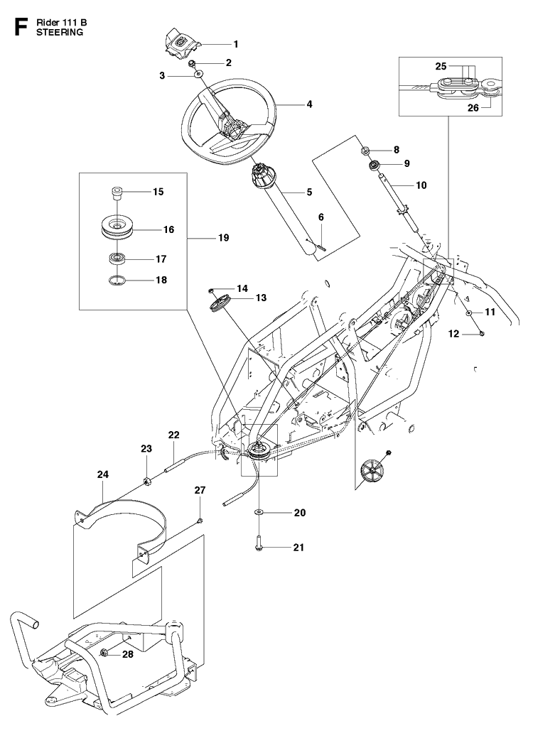 Steering Diagram and Parts List for R111B (965996801)(2011-02) Husqvarna Lawn Mower