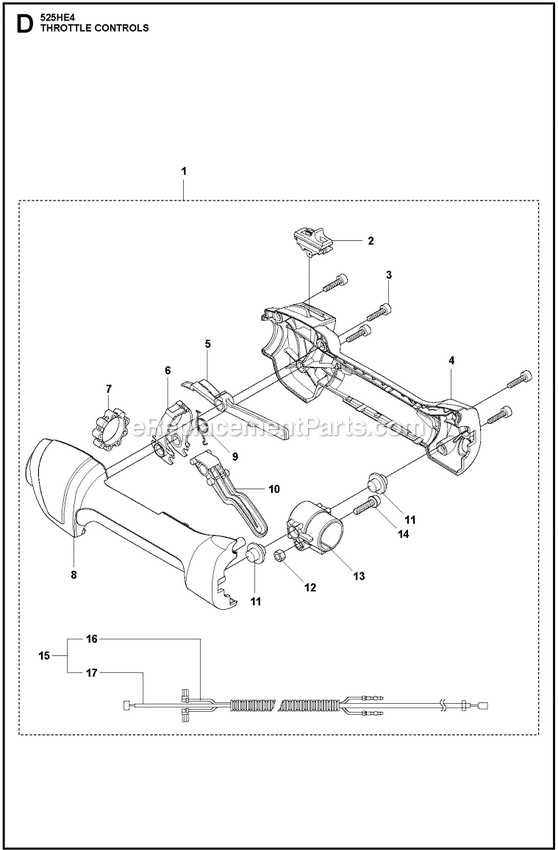 Throttle Controls Diagram and Parts List for 525HE4  Husqvarna Trimmer