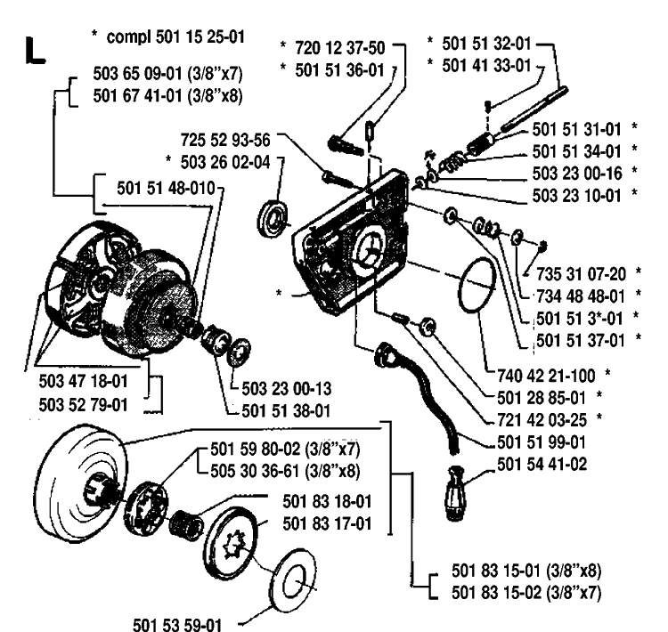 Clutch And Oil Pump Diagram and Parts List for 268 19933600001-19970100000 Husqvarna Chainsaw