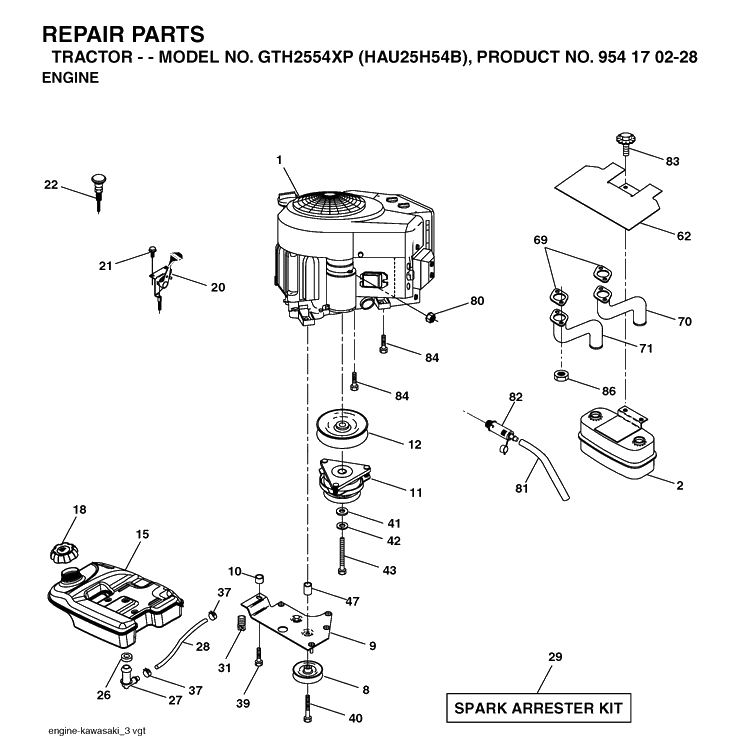 Engine Diagram and Parts List for GTH2554XP (HAU25H54B)(2004-09) Husqvarna Lawn Tractor