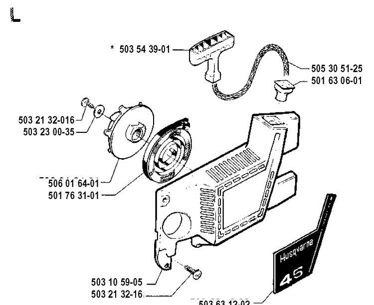 Starter Diagram and Parts List for 45 19912200001-19952300000 Husqvarna Chainsaw