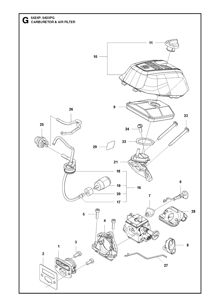 Carburetor And Air Filter Diagram and Parts List for 543XP 20130900001-20173200000 Husqvarna Chainsaw
