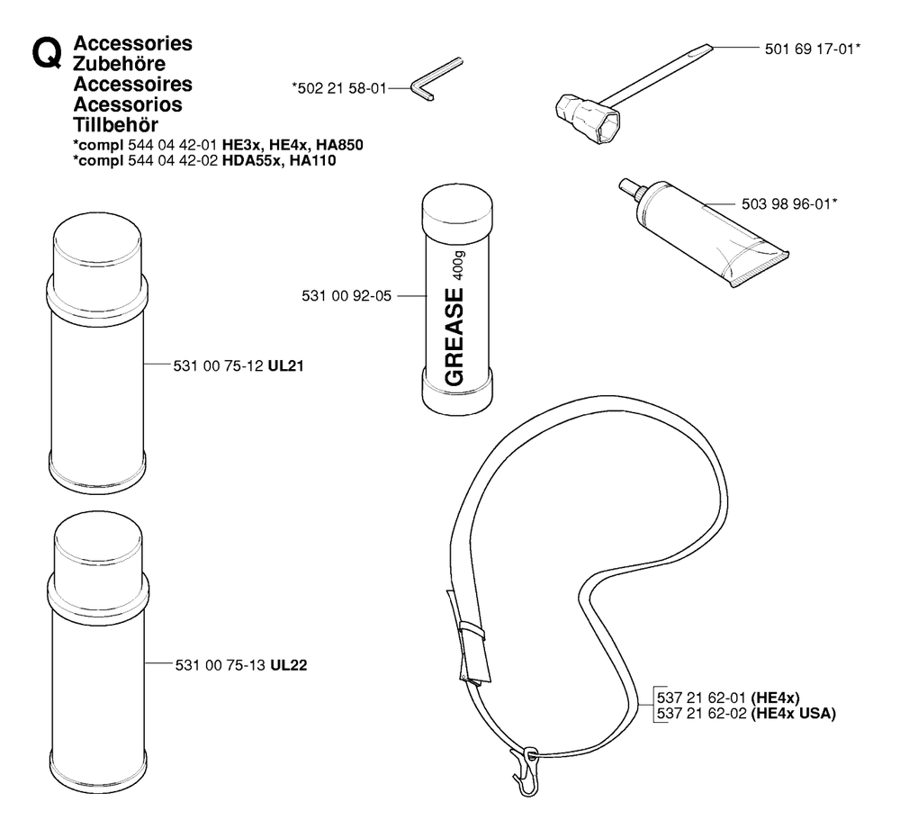 Accessories Diagram and Parts List for 326HE4X 20054000001 - 20090900000 Husqvarna Hedge Trimmer