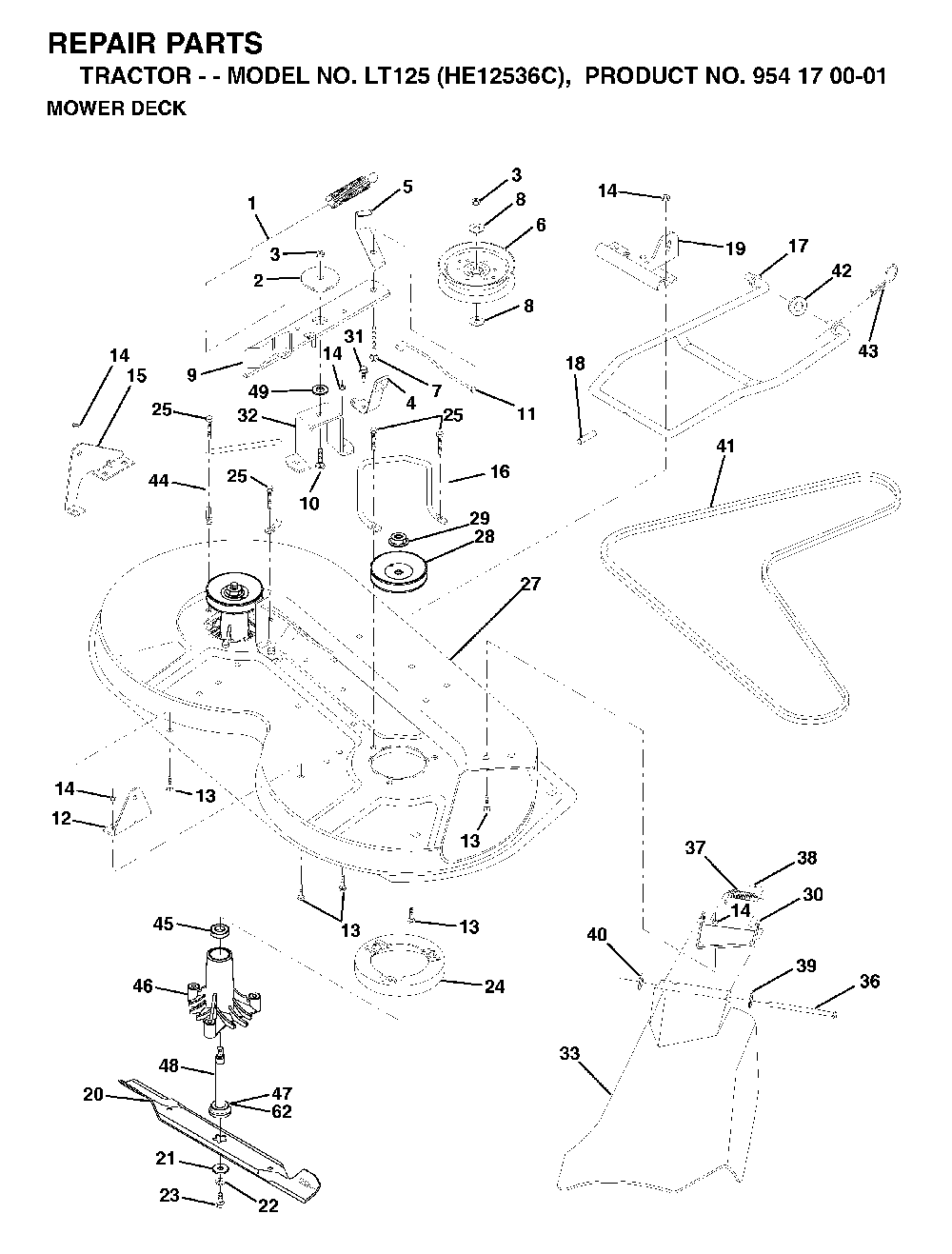Mower Deck / Cutting Deck Diagram and Parts List for LT125 (HE12536C, 954170001)(1998-03) Husqvarna Lawn Tractor