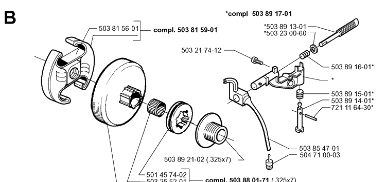 Clutch And Oil Pump Diagram and Parts List for 346XP 19991000001-20012200000 Husqvarna Chainsaw