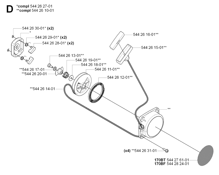 Starter Diagram and Parts List for 170BT 20061000001-20084000000 Husqvarna Leaf Blower / Vacuum