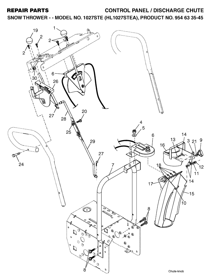 Control Panel And Discharge Chute Diagram and Parts List for 1027STE (10527STE)(2004-03) Husqvarna Snow Blower