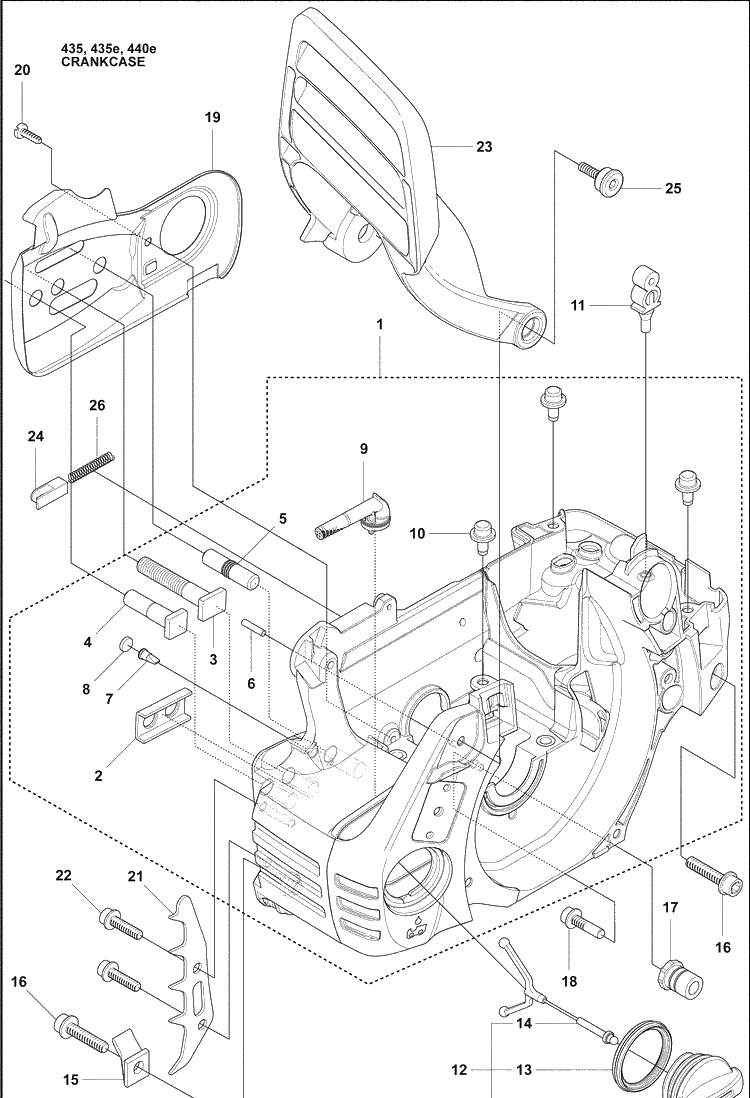 Crankcase Diagram and Parts List for 440E 2009-02 Husqvarna Chainsaw