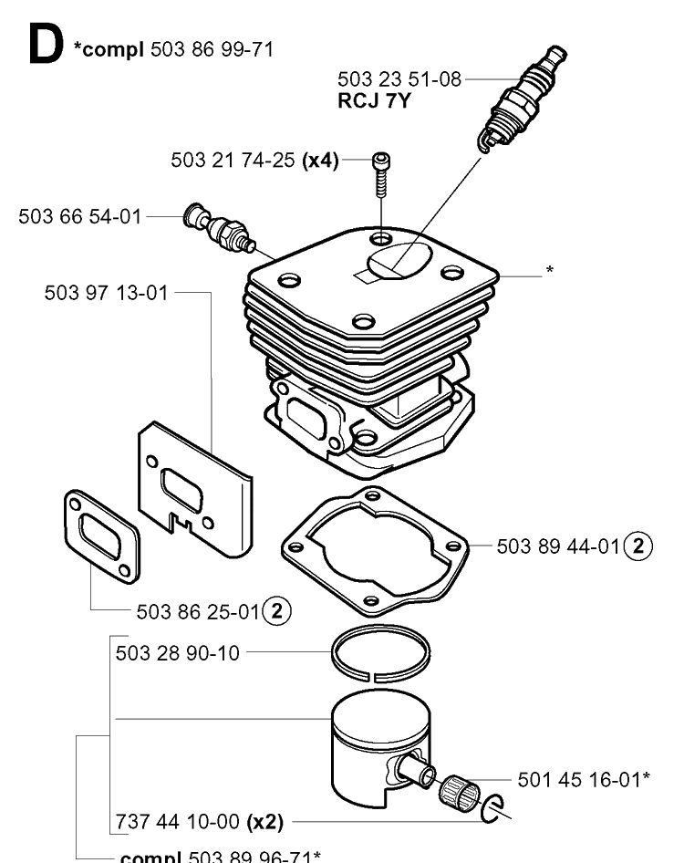 Cylinder Piston Diagram and Parts List for 351 20012200001-Current Husqvarna Chainsaw