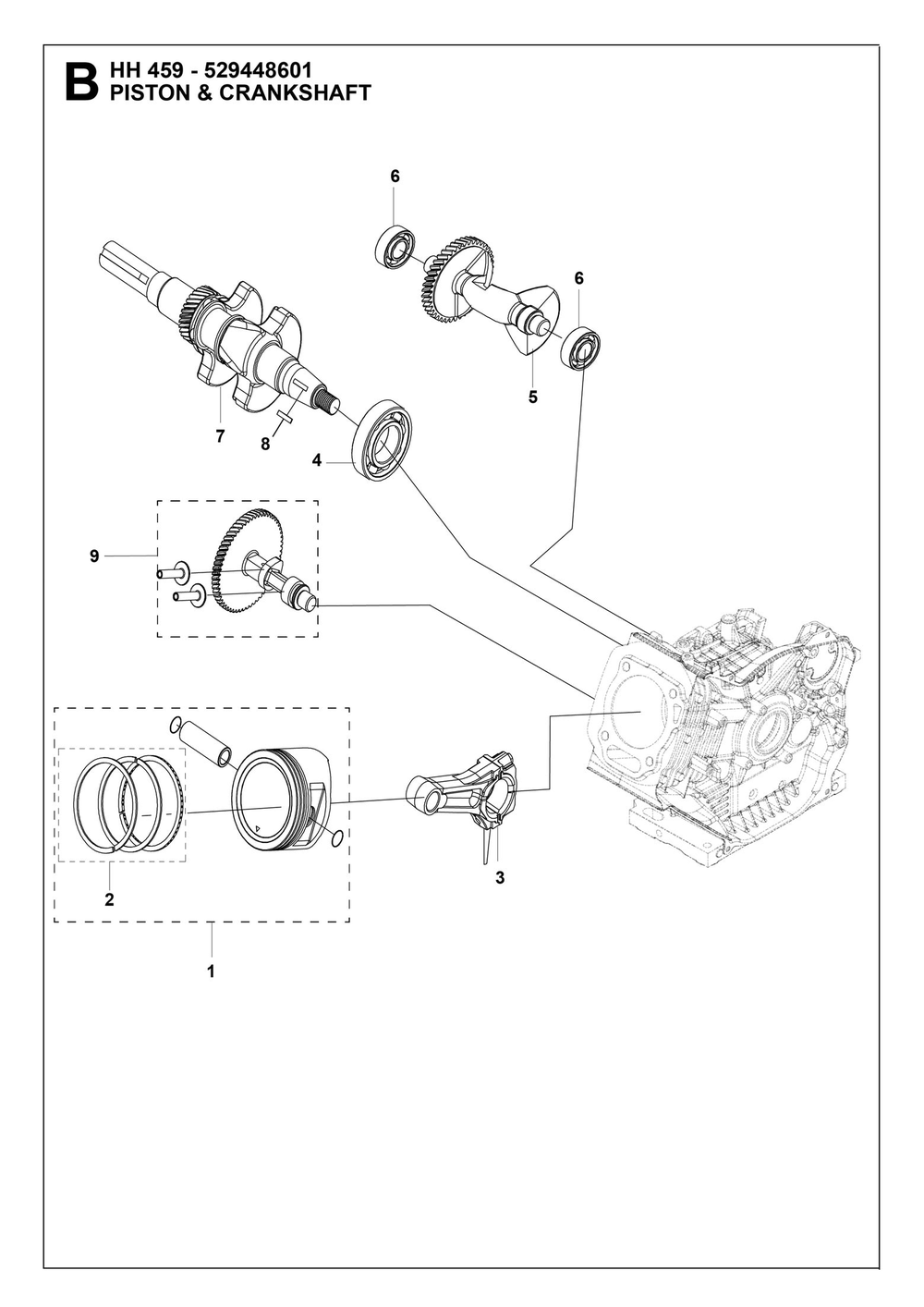 Piston And Crankshaft Diagram and Parts List for HH459529448601  Husqvarna Engine