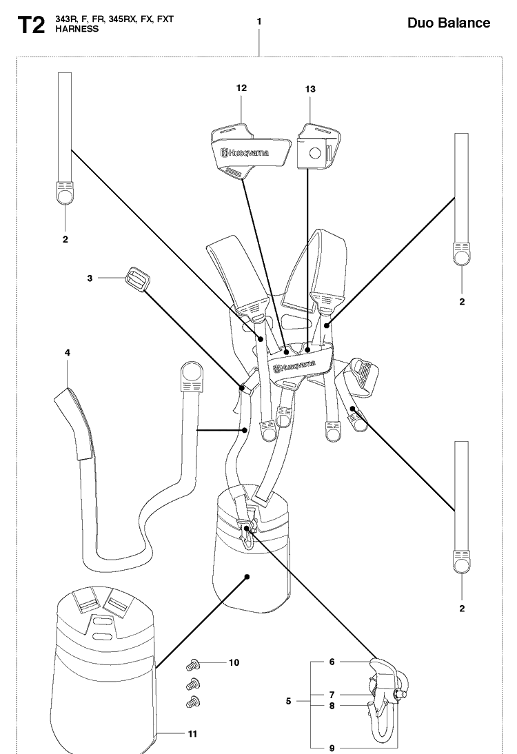 Harness Diagram and Parts List for 345RX 20103600001-20144899999 Husqvarna Brush Cutter