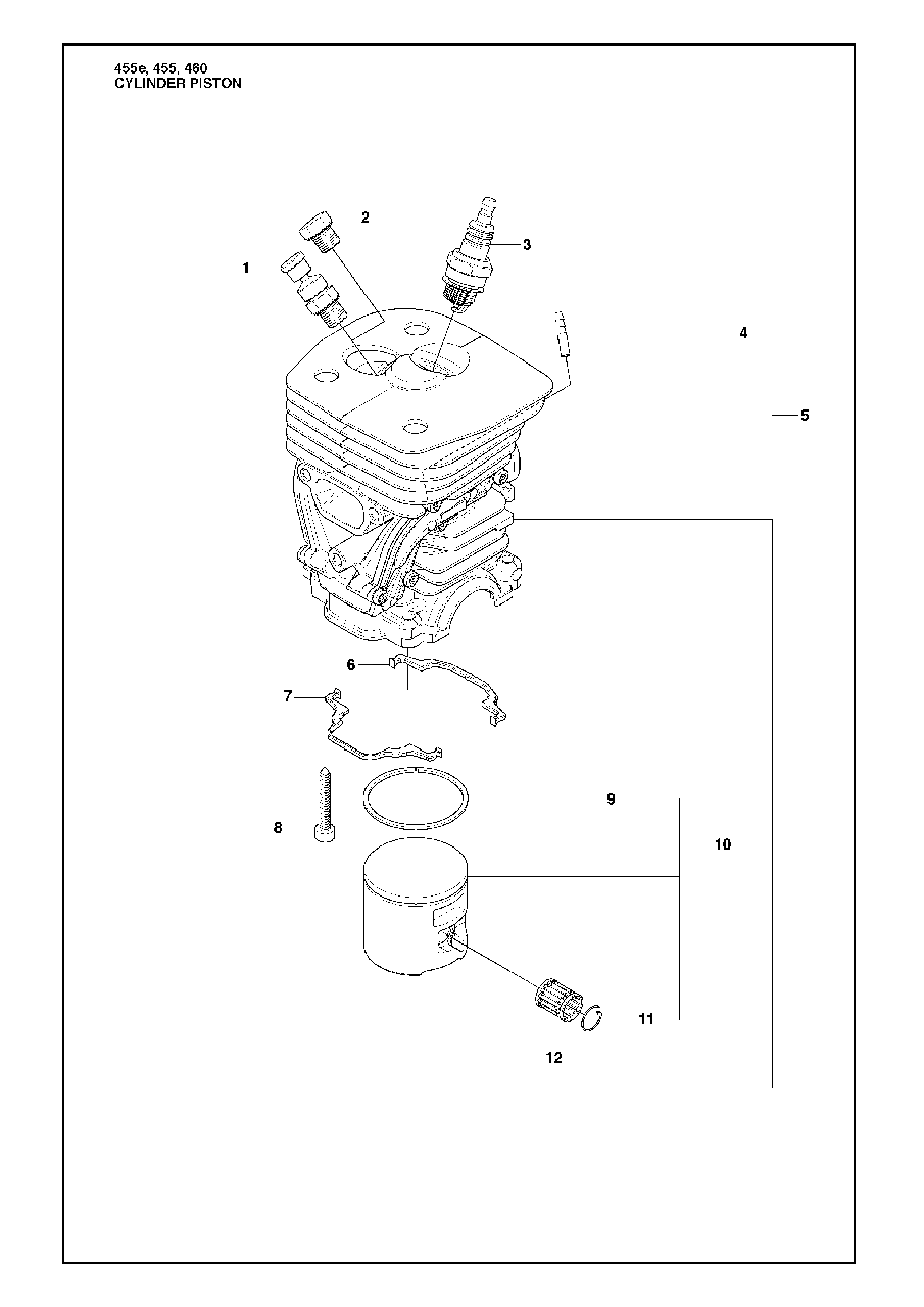 Cylinder Piston Diagram and Parts List for 455ERANCHER 2009-10 Husqvarna Chainsaw