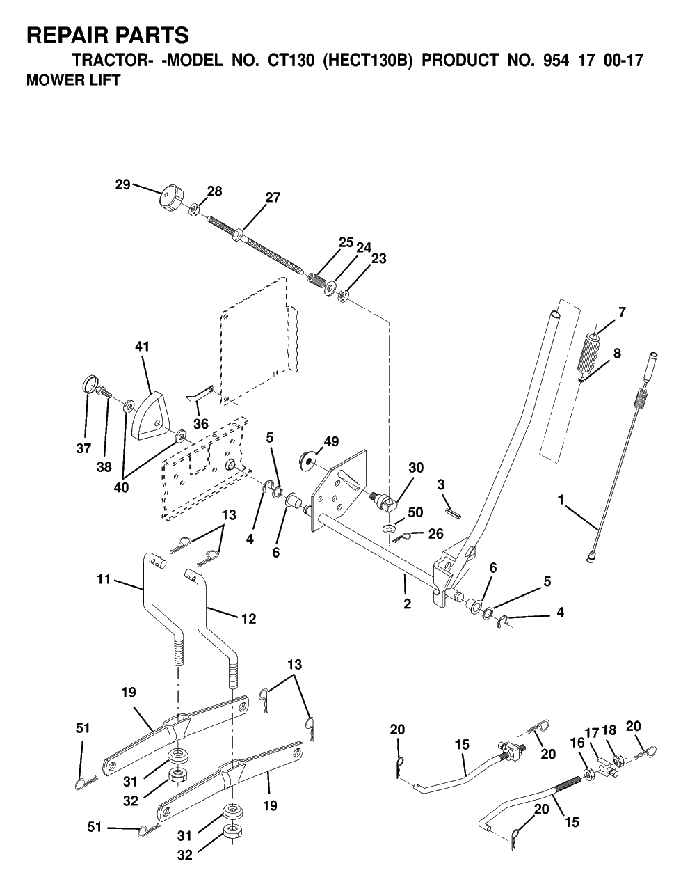 Mower Lift / Deck Lift Diagram and Parts List for CT130 (954170017-B)(2000-02) Husqvarna Lawn Tractor
