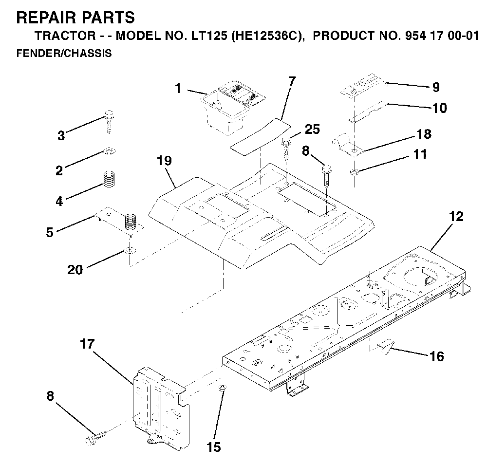 Chassis And Enclosures Diagram and Parts List for LT125 (HE12536C, 954170001)(1996-01) Husqvarna Lawn Tractor