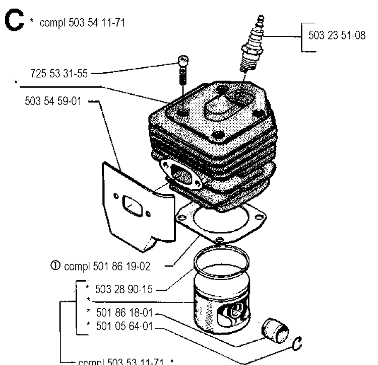 Cylinder Piston Diagram and Parts List for 262XP 19900900001-19910900000 Husqvarna Chainsaw