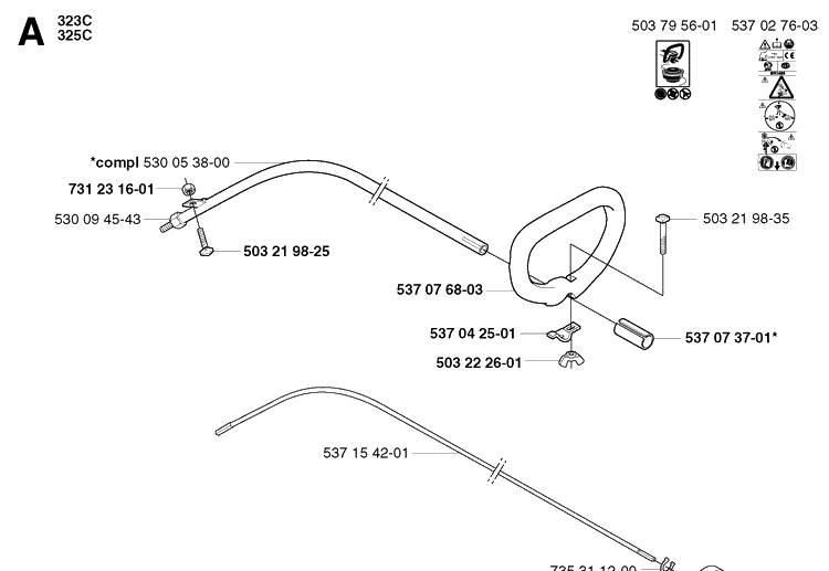Shaft And Handle Diagram and Parts List for 325RDX 20020100001-20051800000 Husqvarna Brush Cutter