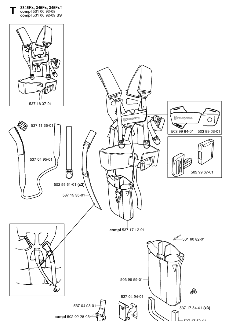 Harness 2 Diagram and Parts List for 343R 20031800001-20043100000 Husqvarna Brush Cutter