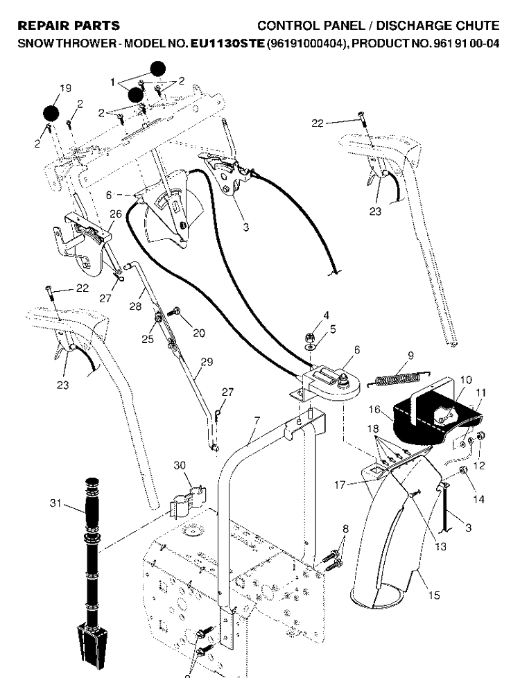 Control Panel And Discharge Chute Diagram and Parts List for 1130STE (EI1130STE)(2007-01) Husqvarna Snow Blower