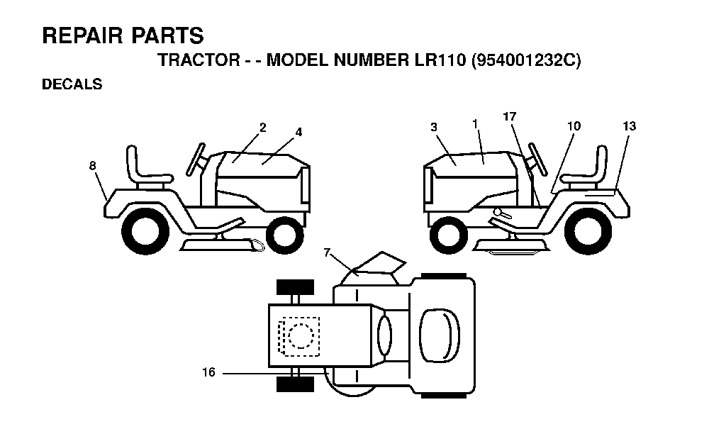 Decals Diagram and Parts List for LR110 (954001232C)(1995-08) Husqvarna Lawn Tractor