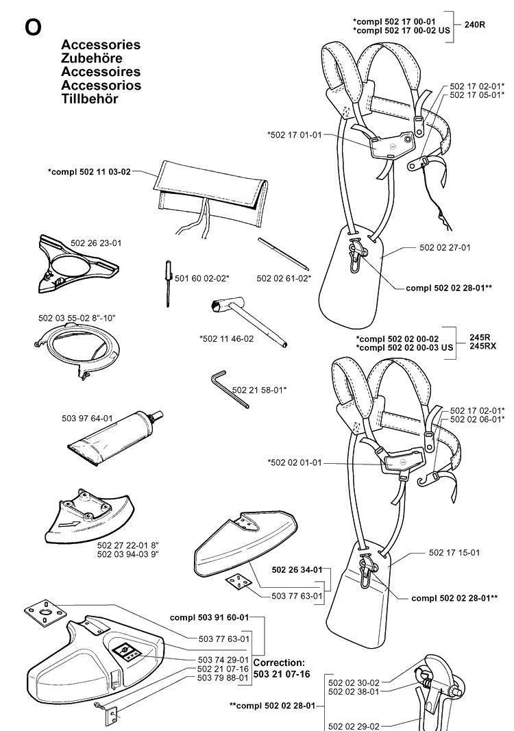 Accessories Diagram and Parts List for 245R 19984000001-20023100000 Husqvarna Brush Cutter