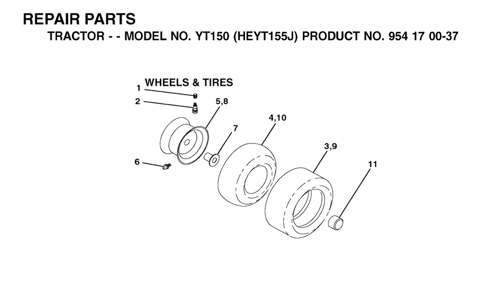 Wheels And Tires Diagram and Parts List for YT150 (954170037-J)(2001-09) Husqvarna Lawn Tractor