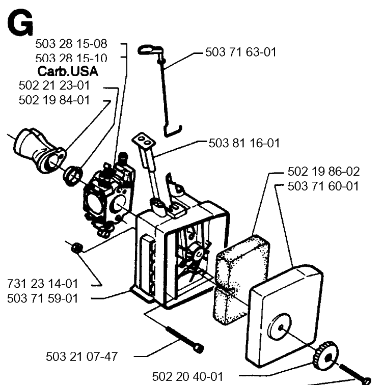 Carburetor And Air Filter Diagram and Parts List for 225H75 19960500001-19970500000 Husqvarna Hedge Trimmer