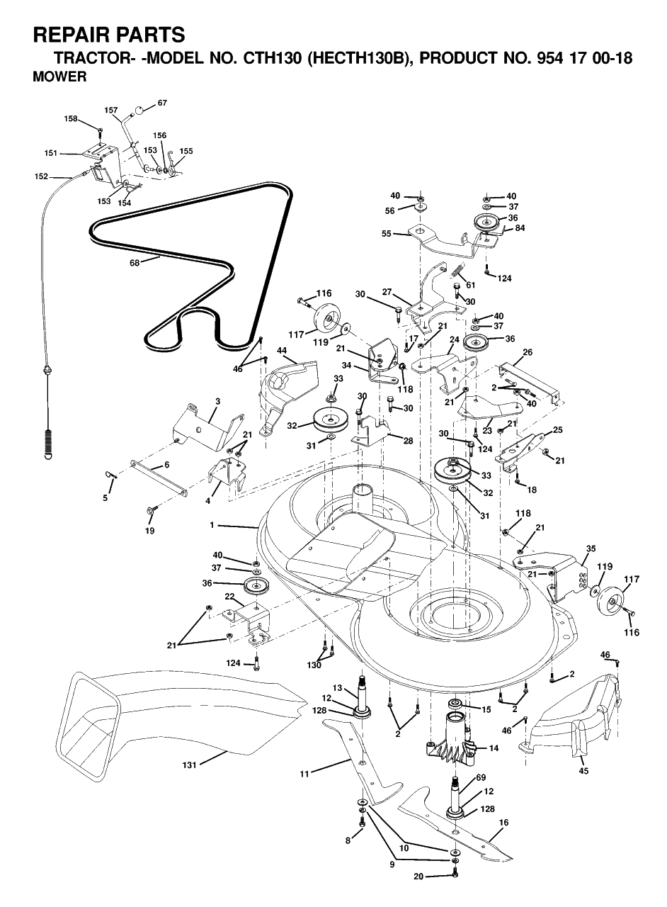 Mower Deck / Cutting Deck Diagram and Parts List for CTH130 (954170018-B)(2000-03) Husqvarna Lawn Tractor
