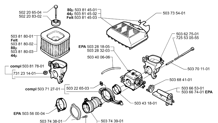 Air Filter/Carburetor Diagram and Parts List for 365EPA 2003-11 Husqvarna Chainsaw