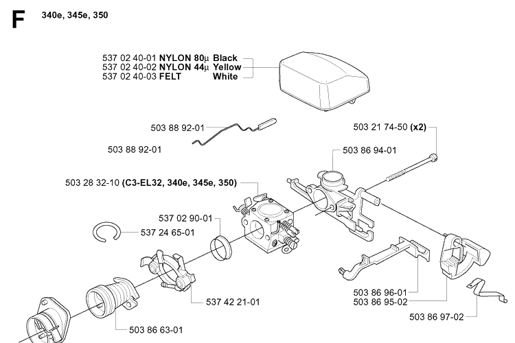 Carburetor And Air Filter 2 Diagram and Parts List for 340E 20051800001-20062300000 Husqvarna Chainsaw