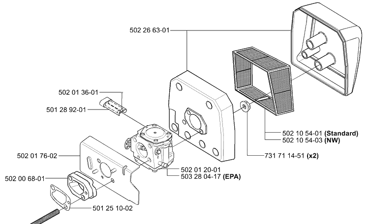 Air Filter / Carburetor Diagram and Parts List for 265RX 2001-07 Husqvarna Brush Cutter