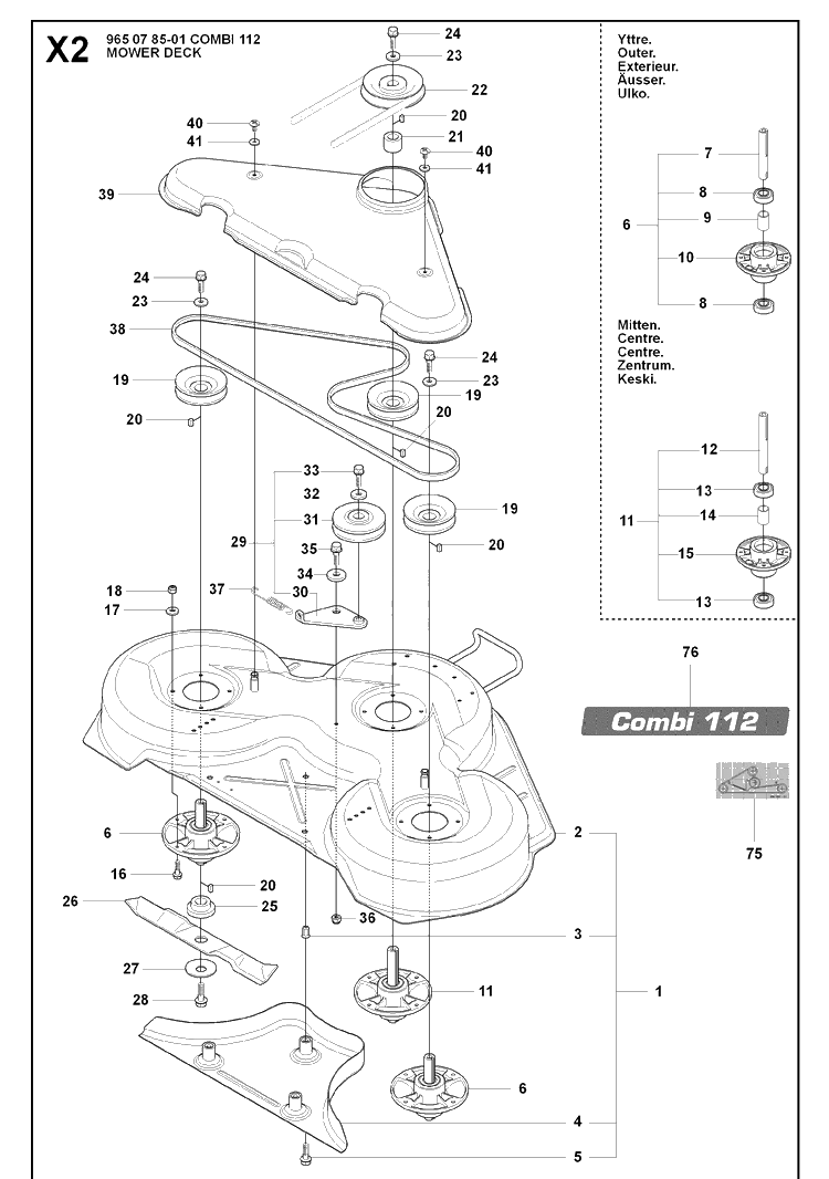 44 Inch/112cm Cutting Deck 2 Diagram and Parts List for RIDER175 (965104901)(2007-01) Husqvarna Lawn Mower