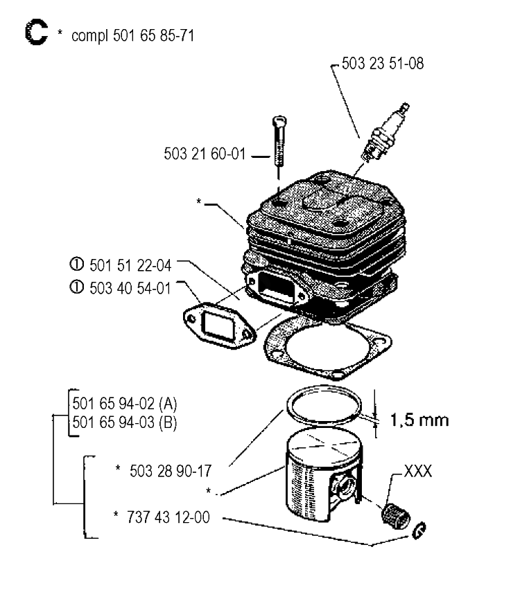 Cylinder Piston Diagram and Parts List for 268 19901800001-19910500000 Husqvarna Chainsaw