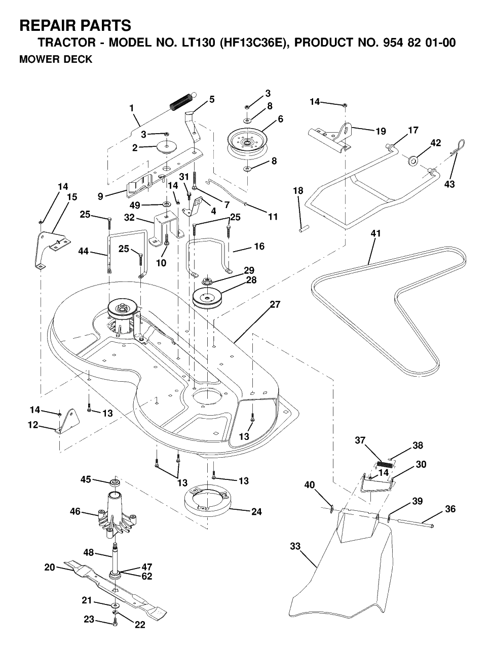 Mower Deck / Cutting Deck Diagram and Parts List for LT130 (954820100-E)(2000-02) Husqvarna Lawn Tractor
