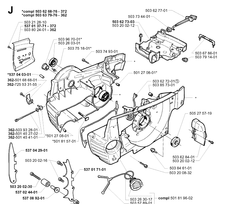 Crankcase Diagram and Parts List for 362XP 19994500001-20014000000 Husqvarna Chainsaw