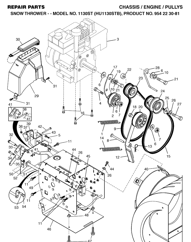 Chassis, Engine And Pulleys Diagram and Parts List for 1130ST (HU1130STB)(2004-03) Husqvarna Snow Blower
